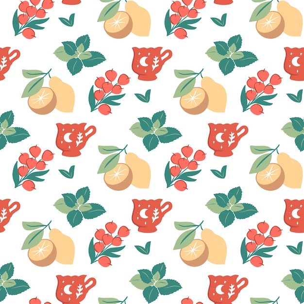 The tea seamless pattern is in a vector illustration This lemon mint cup sea buckthorn print