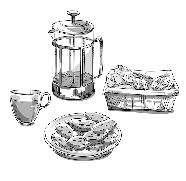 Tea serving with a press. Vector sketch