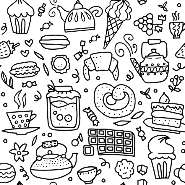 Tea and sweets seamless doodle pattern. Outline hand drawn illustration about coffee or tea time  coffee, tea, cupcake, cups, candy, lollipops