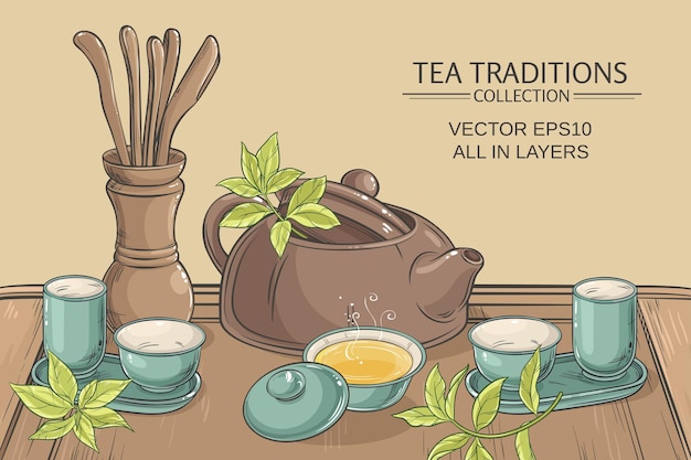 Vector tea table with teapot, tea pairs, tea gaiwan and tea tools