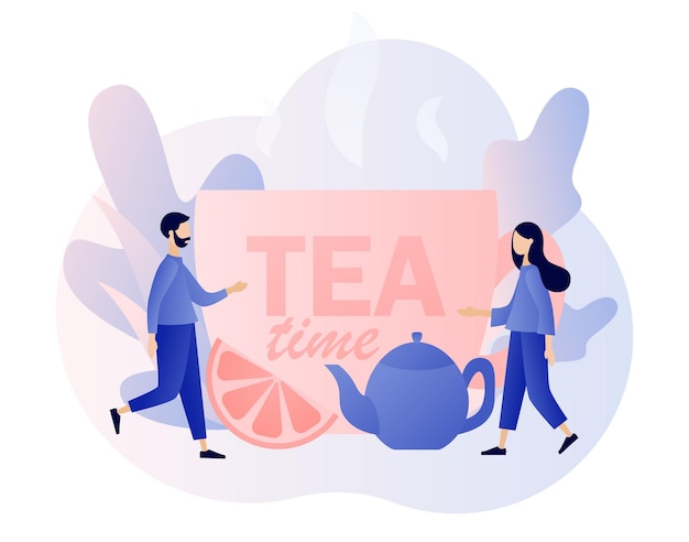 Tea time concept Hot drinks party Tiny people drinking tea Big cup kettle and lemon slice