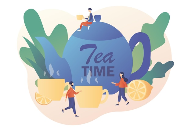 Vector tea time concept tiny people drinking tea hot drinks party big kettle cups lemon slice sugar