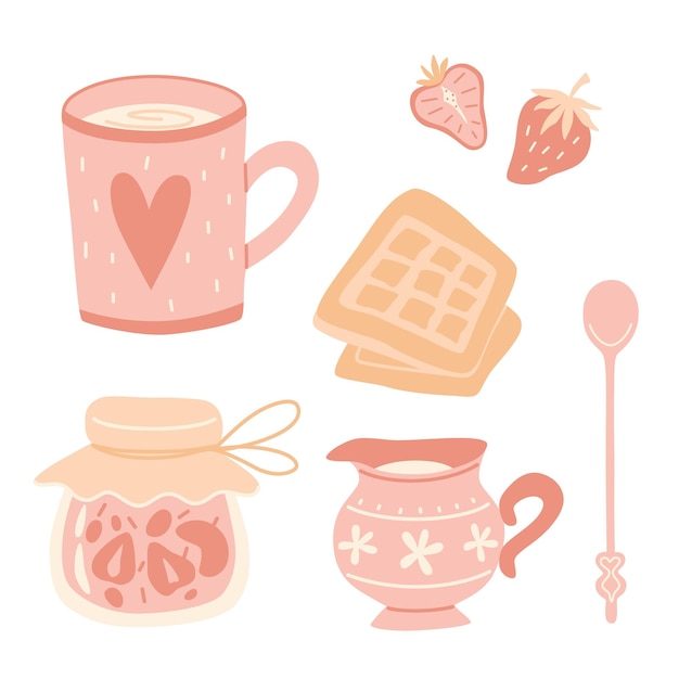 Tea time cozy kit Tea mug jam milk Vector set