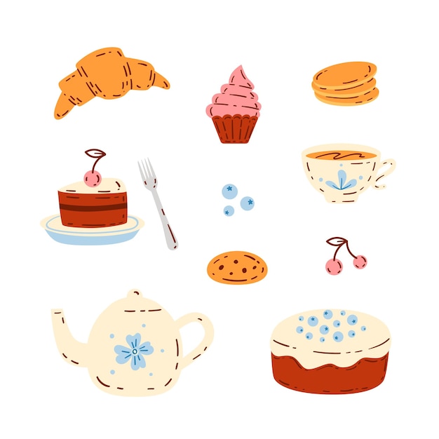 Tea time elements set Cute teapot cup and snacks