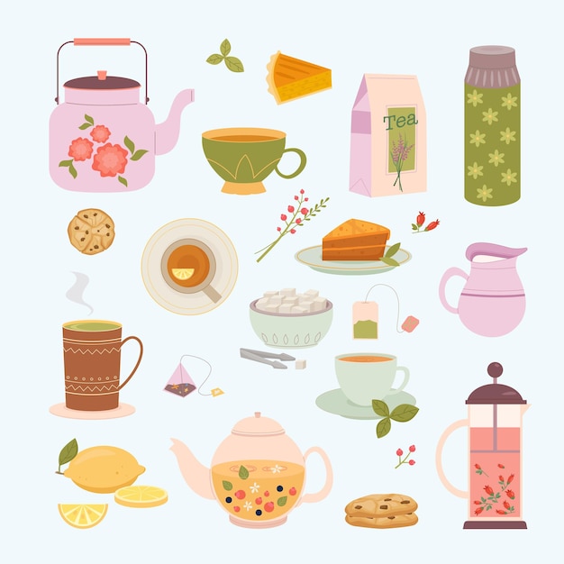 Tea time hot drink kettle cups with tea for spend rest time vector flat illustrations