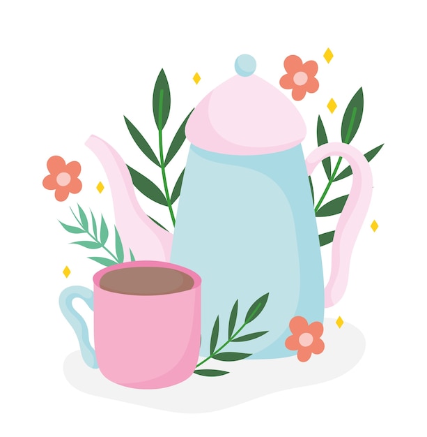 Tea time kettle and cup flowers botanical, kitchen ceramic drinkware, floral design cartoon illustration