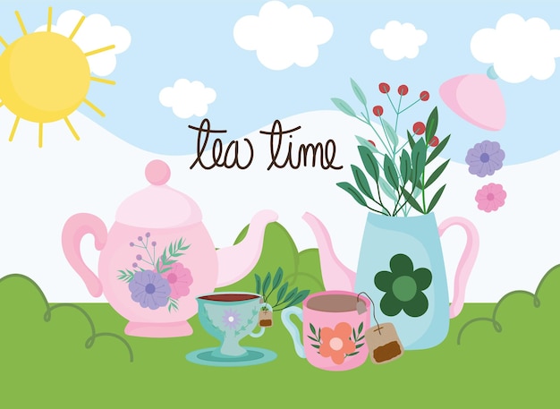 Tea time, kettles cups with herbs leaves nature landscape  illustration