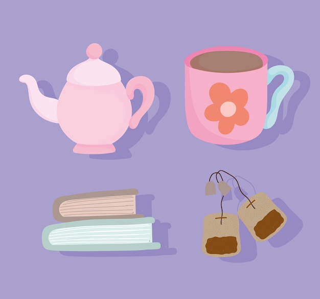 Tea time, pink teapot cup books and teabag, kitchen ceramic drinkware, cartoon design illustration