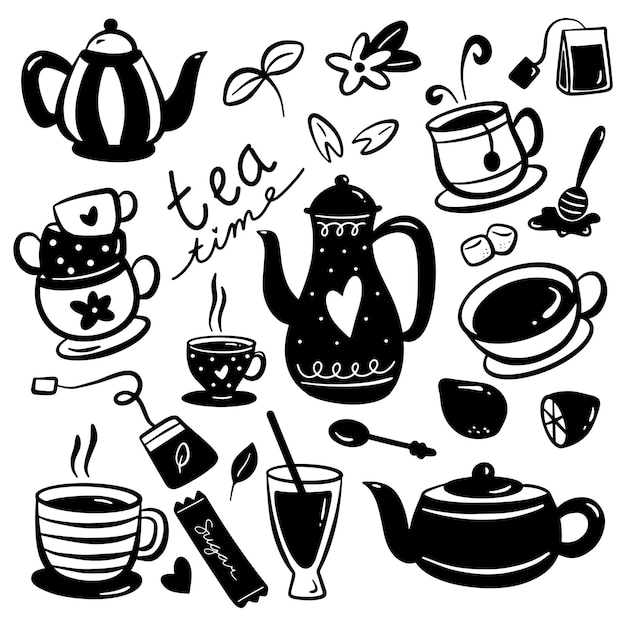 Tea time set silhouette doodle design elements