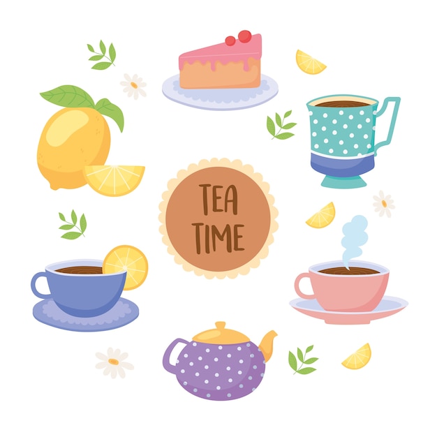 Tea time teacups teapot cake lemon beverage leaf illustration