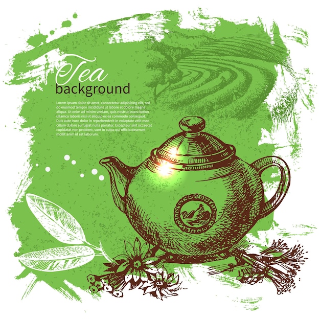 Tea vintage background. Hand drawn sketch illustration. Menu design