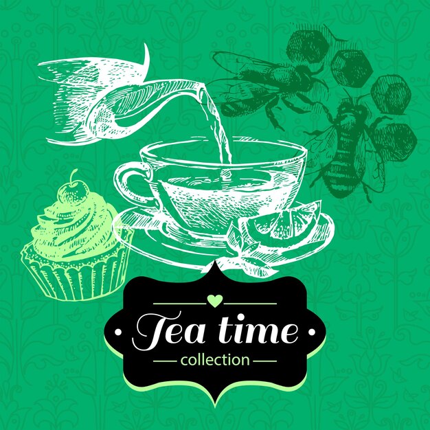 Vector tea vintage background. hand drawn sketch illustration. menu design