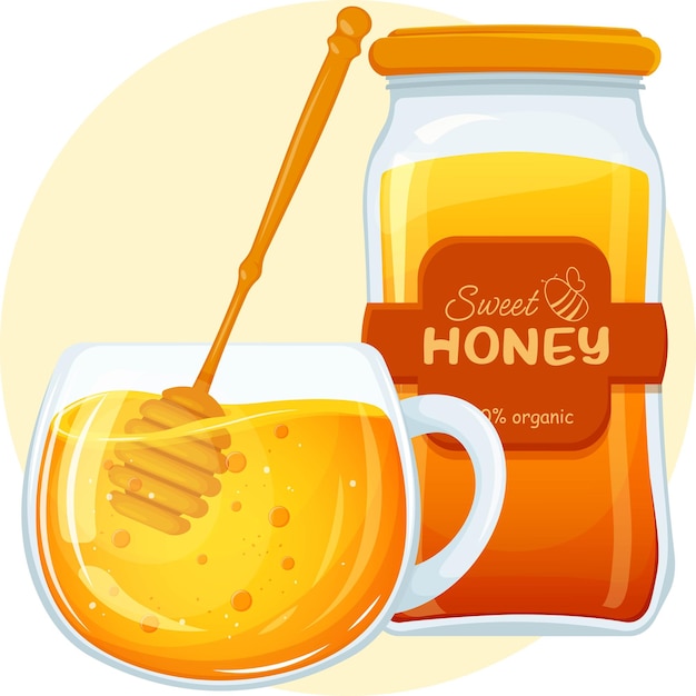 Tea with honey, jar of honey. Cup of tea, spoon and jar of honey. Flower honey with healthy tea