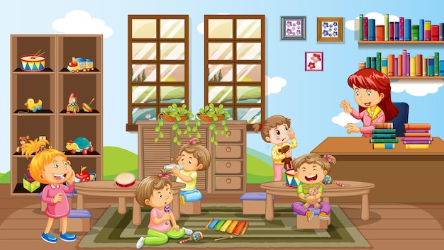 A teacher and children in kindergarten room scene