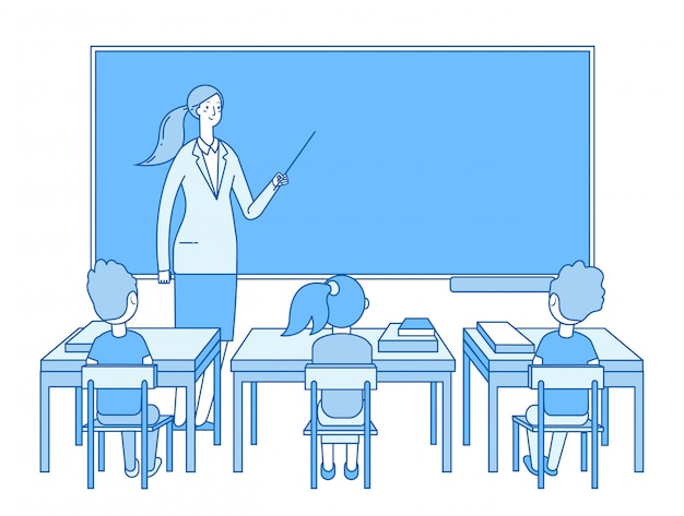 Teacher in classroom. Young woman at blackboard teaching, kids students studying in class. Elementary school education  concept