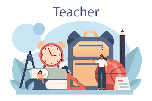 Teacher concept Profesor standing in front of the blackboard School or college workers with professional discipline tools Idea of education and knowledge Flat vector illustration