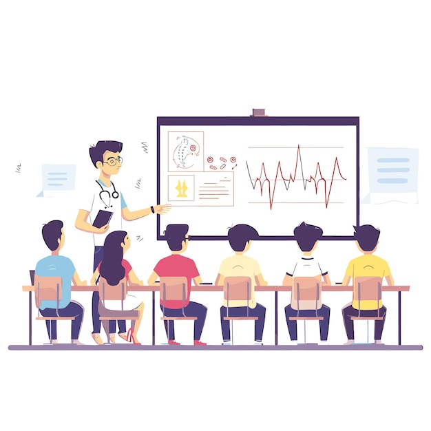 Vector teacher explains ecg waveform to engaged students