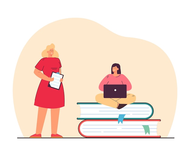 Teacher next to girl with laptop sitting on big books. Professor checking progress of student flat vector illustration. Education, training concept for banner, website design or landing web page