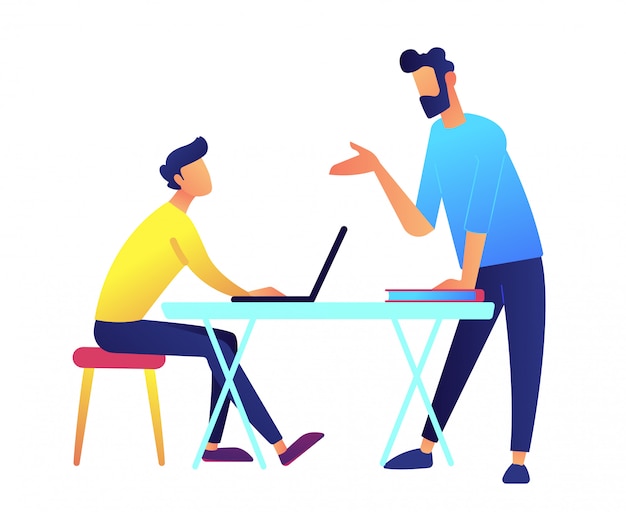 Teacher giving a lecture and student with laptop at desk vector illustration.