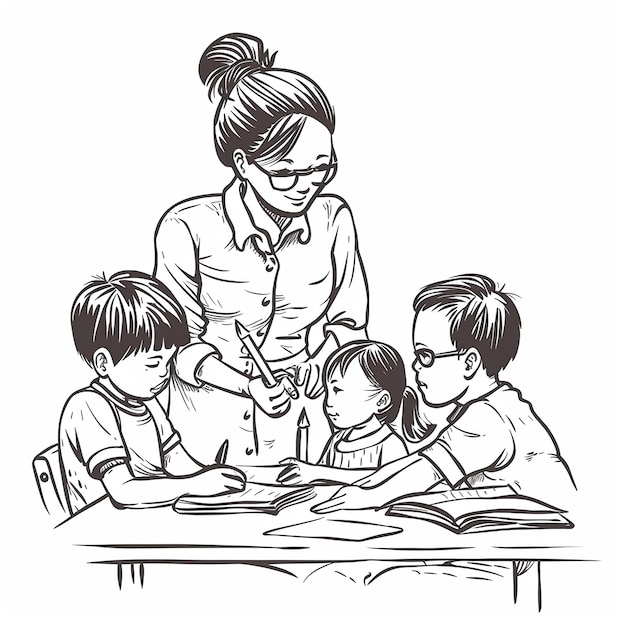 Teacher helps children study simple line illustration style