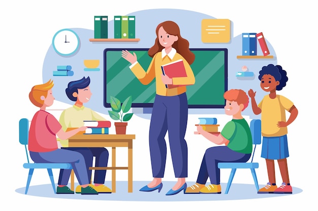 Vector a teacher interacts with four students in a lively classroom fostering an engaging and creative learning environment teaching customizable semi flat illustration