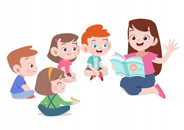 Teacher read story to student vector illustration