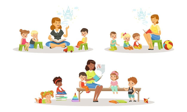 Vector teacher reading book to kids in kindergarten set boys and girls listening to fairy tale in classroom at primary school cartoon vector illustration