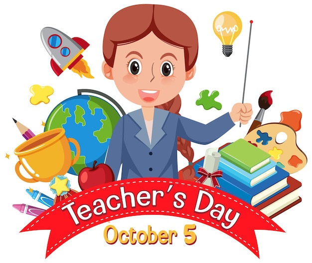 Teacher's Day banner with a female teacher and school objects