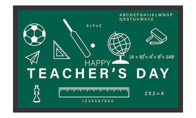 Teacher's day in India. 5th September. Vector Illustration. Mathematics Symbols, alphabets and sport