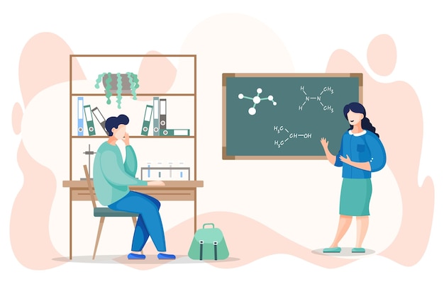 Vector teacher show student sitting at desk chemical bonds at board in classroom flat vector illustration