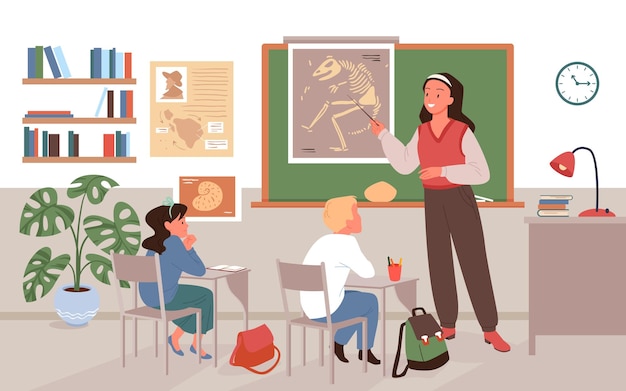 Teacher showing pointer to bones of prehistoric animals in school classroom interior