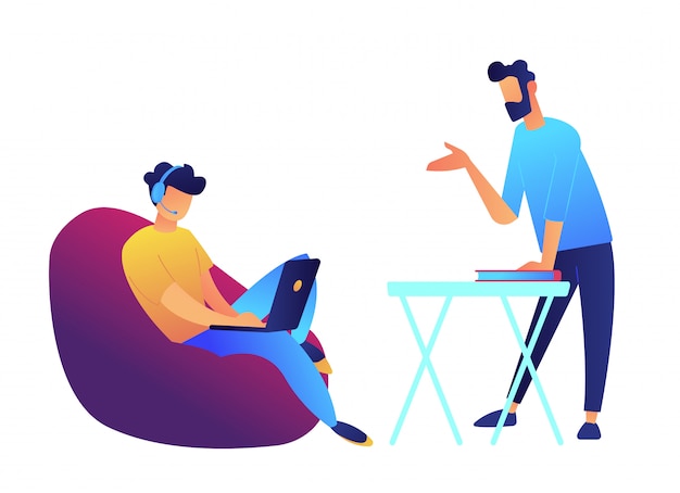 Teacher and student with laptop in headset learning online vector illustration.