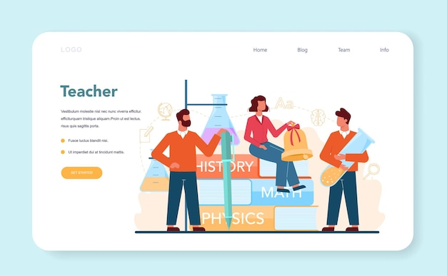 Vector teacher web template or landing page. profesor planning curriculum, meeting parents. school or college workers. idea of education and knowledge.