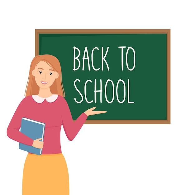 Teacher with book in hand near schoolboard Back to school concept Vector illustration