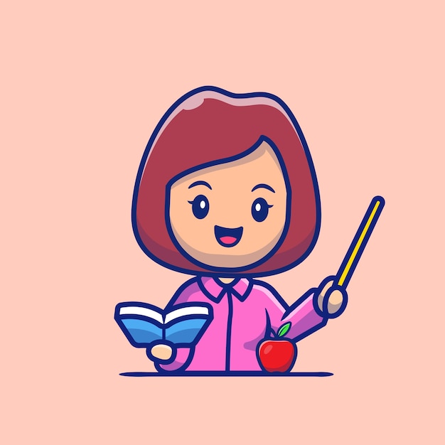 Teacher With Book And Pointer Cartoon   Icon Illustration. People Profession Icon Concept Isolated  . Flat Cartoon Style