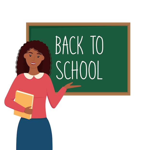 Teacher with dark tone skin near schoolboard Back to school concept Vector illustration