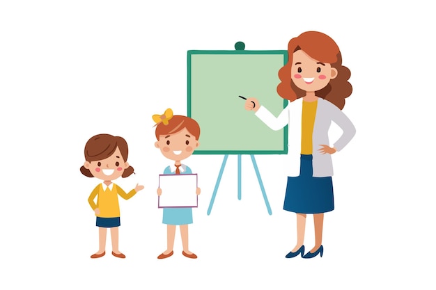 Vector teacher with two kids in classroom teaching concept