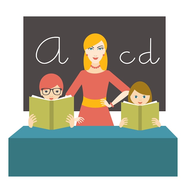 Teacher woman with pupils reading a books in class room Flat design