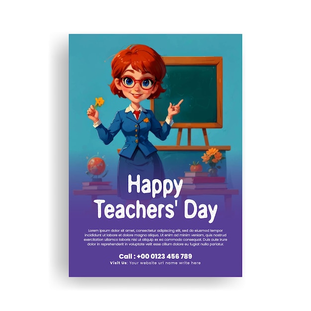 Vector teachers day print flyer or poster template with 3d cartoon female teacher character illustration