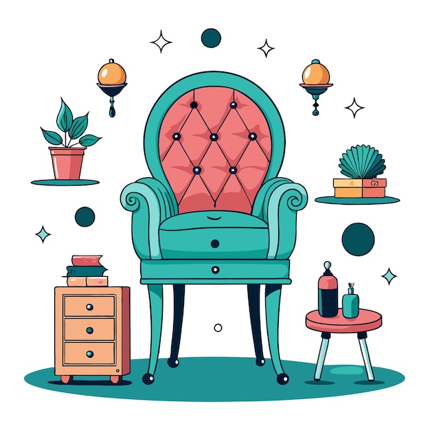 Vector a teal armchair with pink upholstery and a diamond pattern surrounded by a side table a small nightstand with books on top a potted plant and a cactus on a shelf