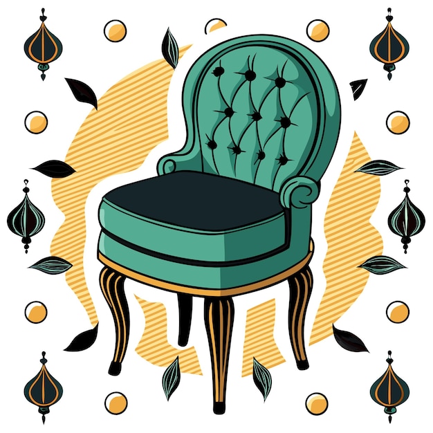 Vector a teal armchair with a tufted backrest and wooden legs surrounded by decorative elements in a minimalist style