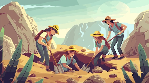 Vector team of archaeologists women dig up fossils