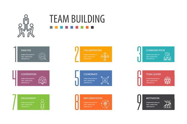 Team building banner template cover layout and infographics collaboration communication cooperation team leader icons