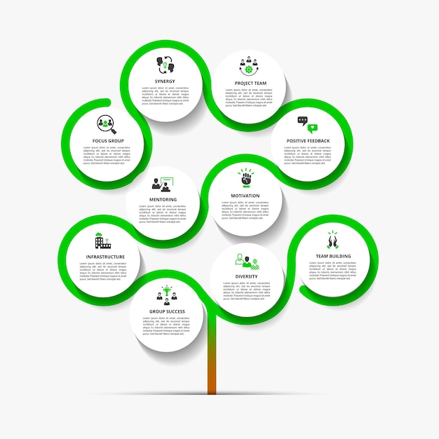 Team building infographics template icons in different