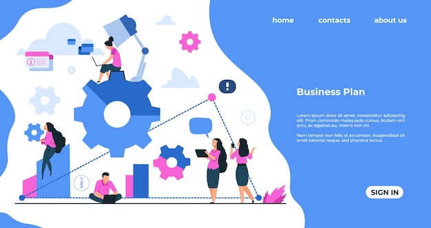 Vector team building landing page. business development, work process organization and teamwork cooperation concept. vector banners webpage mechanism communication people in business