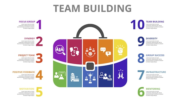 Team building template icons in different colors include