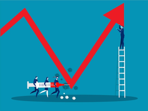 Team Business holding inject vaccine after from COVID19 virus be defeated stock market  concept