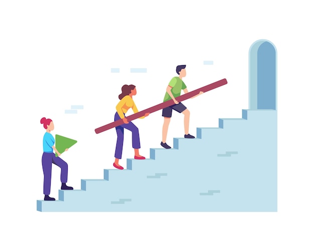 Team of business people climbing stairs together