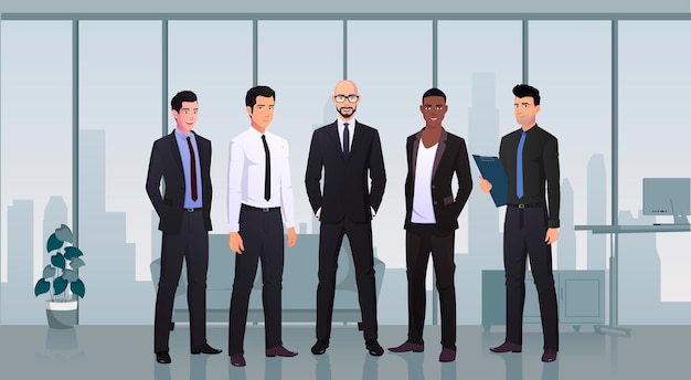 Team of Businessmen Characters in office Wearing Suits Team work Concept Illustration