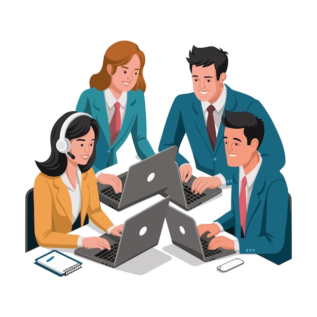 Team of casual business men and woman working on computer and talking together illustration